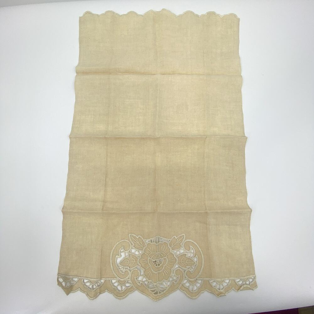 Vintage Linen Dresser Scarf Floral Cutwork Beige Table Runner Cottagecore